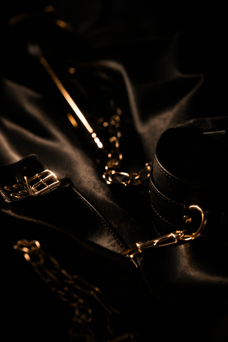 Dunkle luxuriöse Accessoires aus Leder und Metall mit goldenen Reflexionen in dramatischem Licht, minimalistische Komposition für intensive sinnliche Atmosphäre