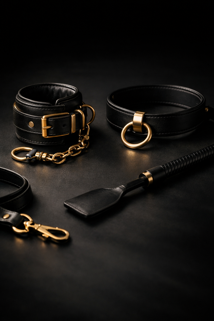 Elegante schwarze Lederaccessoires mit goldenen Metallelementen auf dunkler Oberfläche, minimalistisch inszeniert, symbolisieren Kontrolle und Führung in einer ruhigen, luxuriösen Atmosphäre