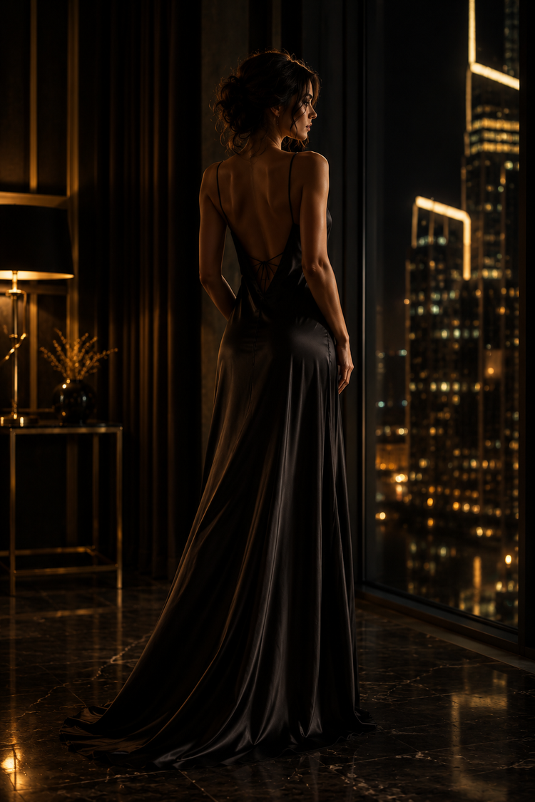 Elegante Frau in einem fließenden schwarzen Satin-Kleid vor einer luxuriösen nächtlichen Fensterkulisse mit warmen goldenen Lichtakzenten. Stilvolle Fashion-Editorial-Aufnahme für die Negligés & Babydolls Kollektion von Evoria Care.