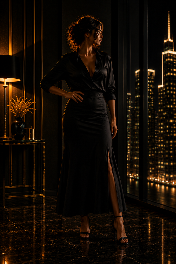 Elegante Frau in einer schwarzen Satinbluse und einem schwarzen Rock vor einer luxuriösen nächtlichen Penthouse-Kulisse mit warmen goldenen Lichtakzenten.