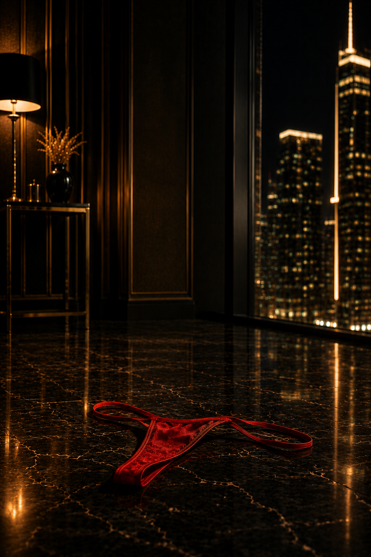 Roter String auf schwarzem Marmorboden in luxuriöser Penthouse-Atmosphäre mit goldenen Lichtakzenten und nächtlicher Skyline im Evoria-Care-Stil.