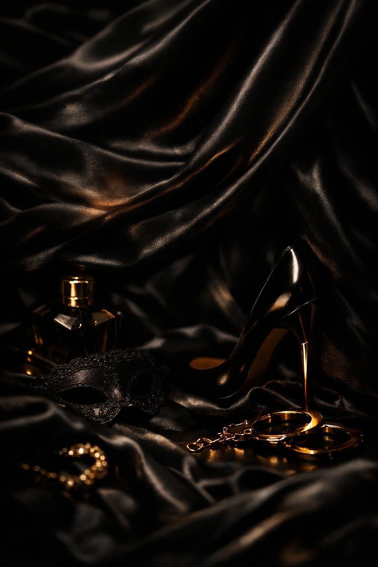 Luxuriöse Szene mit fließender schwarzer Seide und warmen goldenen Lichtreflexen – elegante, diskrete Intimate Wellness Ästhetik im Evoria Care Stil mit geheimnisvoller Atmosphäre