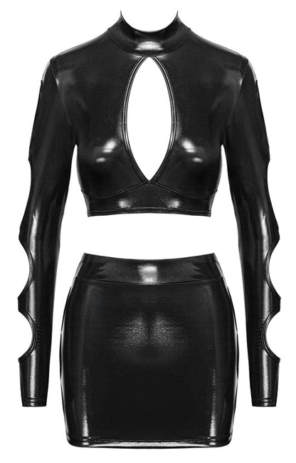 Vorderansicht des Cottelli PARTY Clubwear-Sets mit Crop-Top und Minirock im Wetlook