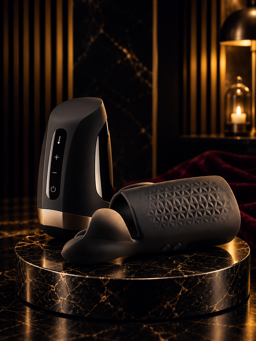 Zwei schwarze Penisstimulatoren in unterschiedlichen Designs auf einem runden Marmorsockel mit goldenen Akzenten, elegant inszeniert vor dunklem Hintergrund mit warmem Kerzenlicht – Evoria Care.