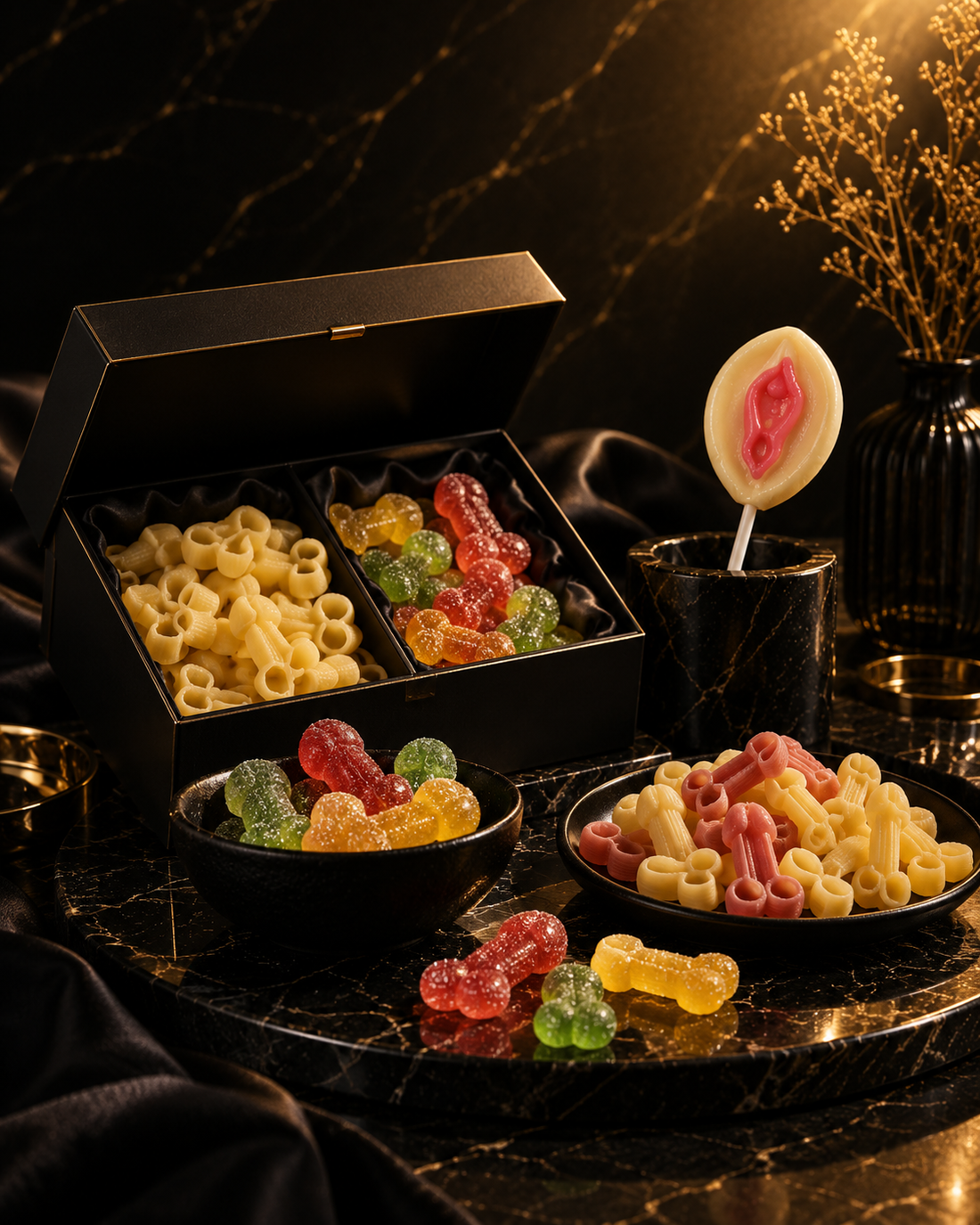 Erotische Süßigkeiten, bunte Fruchtgummis, außergewöhnliche Pasta und ein verspielter Lutscher auf schwarzem Marmor mit goldenen Akzenten – Evoria Care.