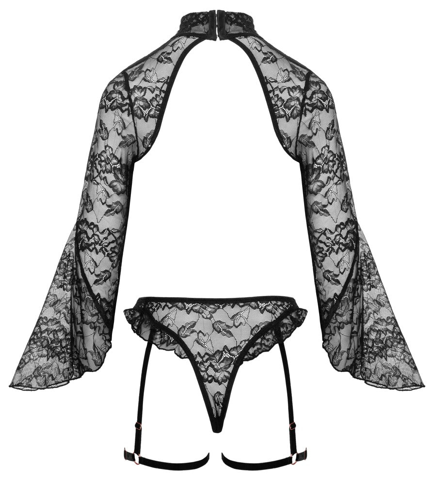 Schwarzes Abierta Fina Ouvert-Set mit Bolero-Top und Straps-Slip in der Rückansicht
