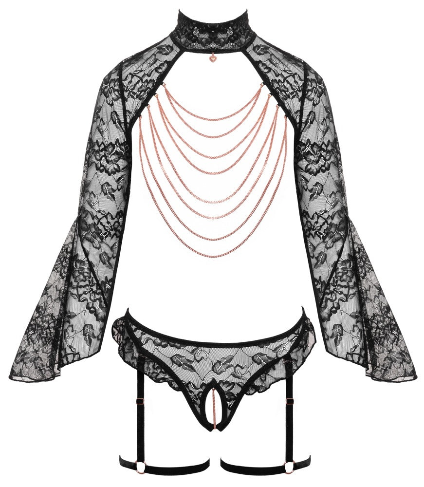 Schwarzes Abierta Fina Ouvert-Set mit Bolero-Top und Straps-Slip in der Vorderansicht
