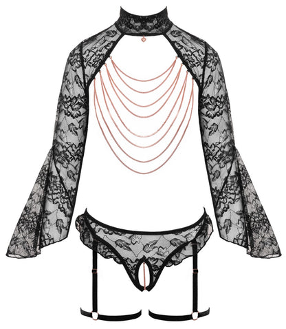 Schwarzes Abierta Fina Ouvert-Set mit Bolero-Top und Straps-Slip in der Vorderansicht