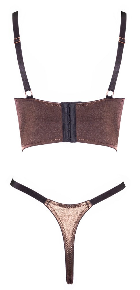 Abierta Fina Ouvert-Set mit busenfreiem BH und Riostring in Bronzegold in der Rückansicht