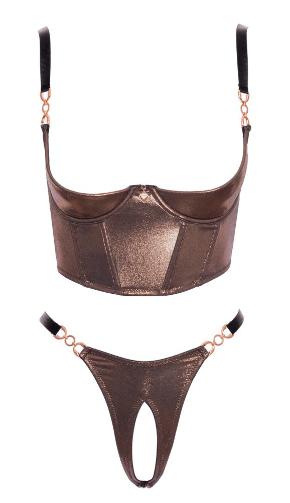 Abierta Fina Ouvert-Set mit busenfreiem BH und Riostring in Bronzegold in der Vorderansicht