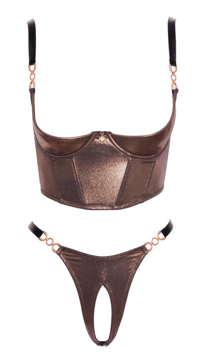 Abierta Fina Ouvert-Set mit busenfreiem BH und Riostring in Bronzegold in der Vorderansicht