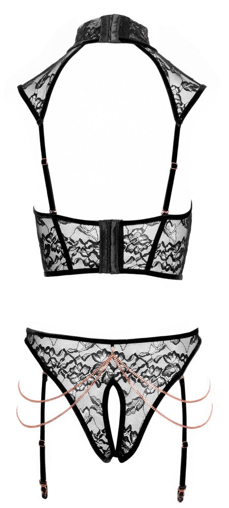 Abierta Fina Ouvert-Set mit busenfreiem Top und Straps-Slip in der Rückansicht