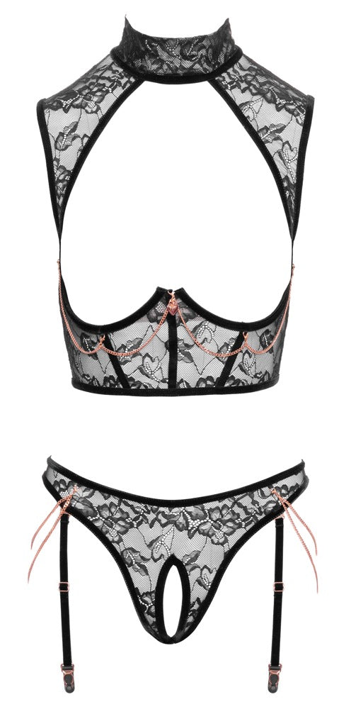 Abierta Fina Ouvert-Set mit busenfreiem Top und Straps-Slip in der Vorderansicht
