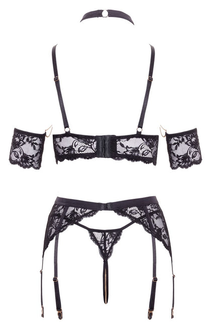 Abierta Fina Spitzen-Set mit BH-Top, Strapsgürtel und Ouvert-String in der Rückansicht