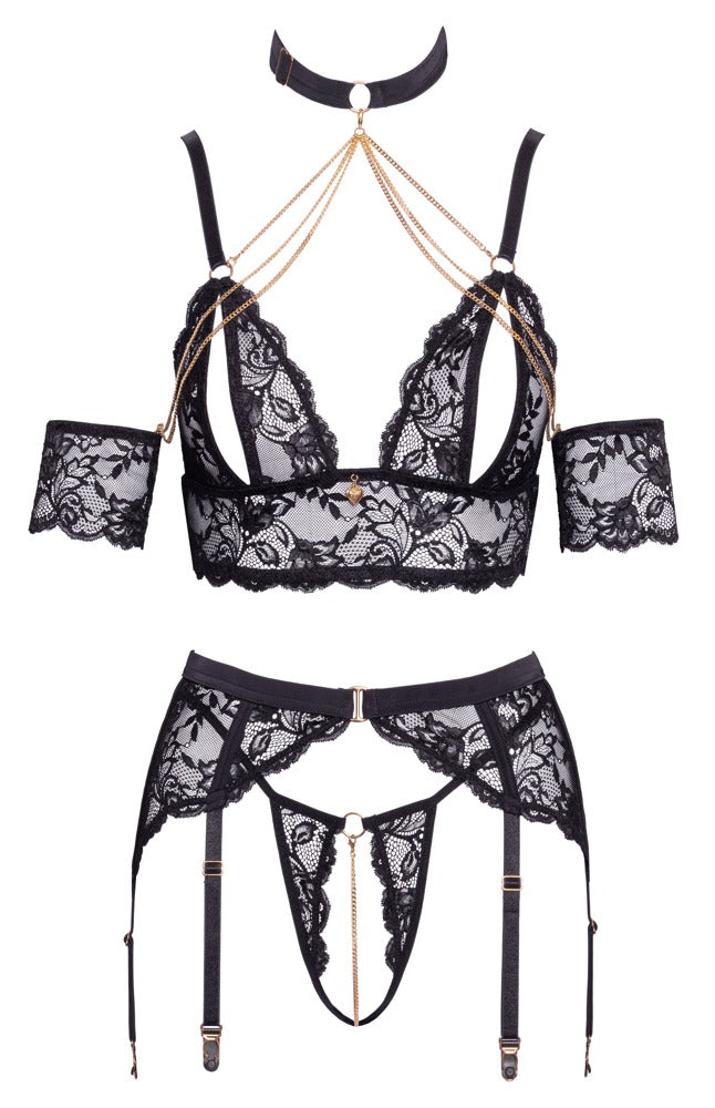 Abierta Fina Spitzen-Set mit BH-Top, Strapsgürtel und Ouvert-String in der Vorderansicht