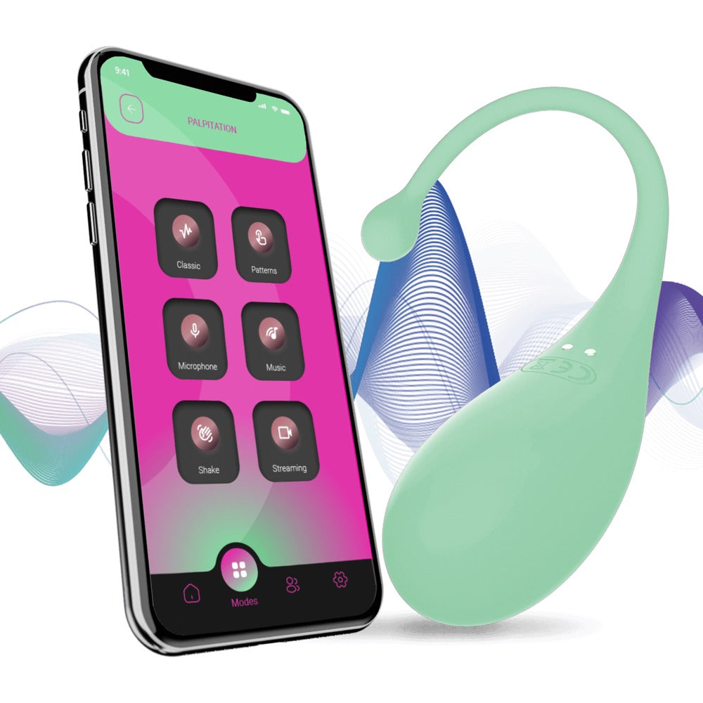 Adrien Lastic Palpitation Vibro-Ei in Mint mit Smartphone zur Darstellung der Steuerung über die AdLove-App