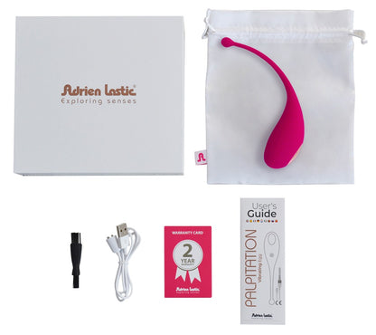 Adrien Lastic Palpitation Vibro-Ei in Pink mit Zubehör und Produktunterlagen in der Lieferumfangsansicht