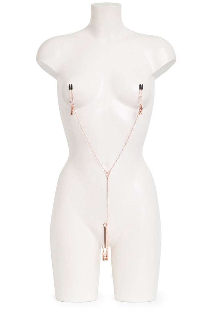 Roségoldenes Ketten-Harness am Körper getragen in minimalistischer Darstellung