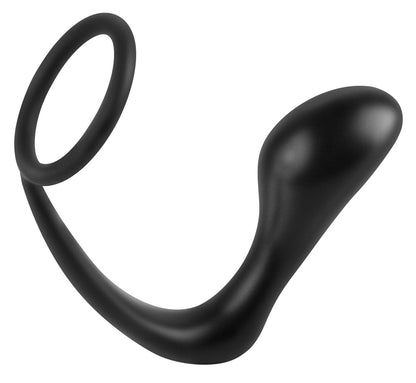 Anal Fantasy Ass-Gasm Cockring Plug in Schwarz in Hauptansicht mit gebogenem Prostata-Plug, flexiblem Verbindungssteg und dehnbarem Penisring