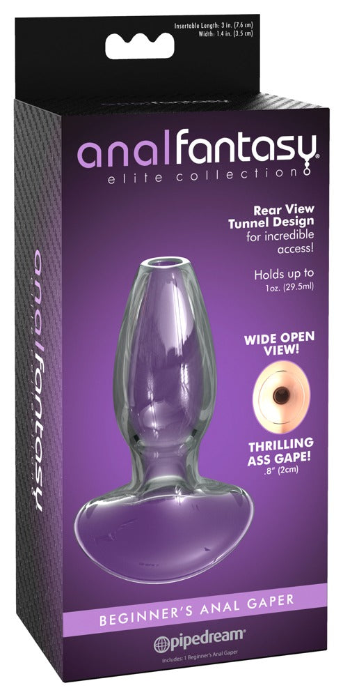 Anal Fantasy Elite Anal Gaper transparenter Glasplug mit Open-Tunnel-Design in schwarzer und violetter Originalverpackung