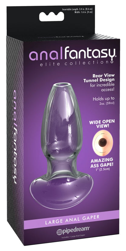 Anal Fantasy Elite Anal Gaper aus klarem Borosilikatglas in Originalverpackung mit Produktabbildung und Open-Tunnel-Design