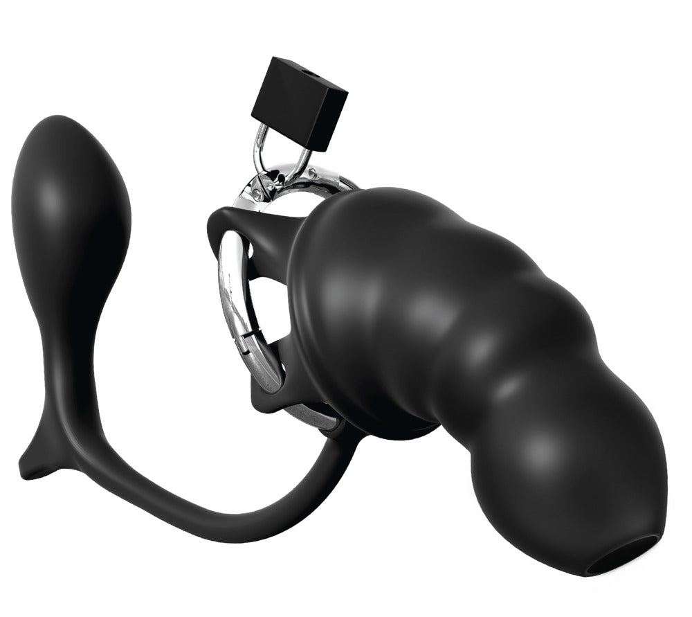 Anal Fantasy Elite Ass-Gasm Cock Blocker in Schwarz in Hauptansicht mit Silikon-Peniskäfig, Edelstahlring und integriertem Analplug