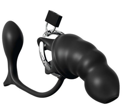 Anal Fantasy Elite Ass-Gasm Cock Blocker in Schwarz in Hauptansicht mit Silikon-Peniskäfig, Edelstahlring und integriertem Analplug
