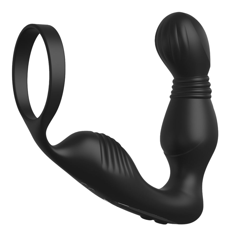 Anal Fantasy Elite Ass-Gasm Pro P-Spot Milker in Schwarz in Hauptansicht mit gebogenem Prostata-Schaft, Dammstimulator und integriertem Penisring