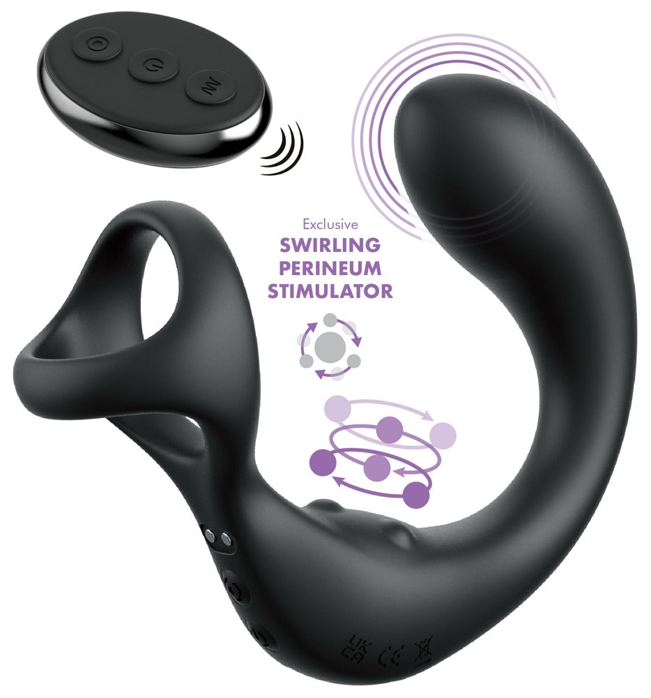 Anal Fantasy Elite Ass-Gasm Taint-Alizer in Schwarz in Hauptansicht mit Prostatavibrator, Perineum-Stimulator, Penis-Hodenring und Fernbedienung
