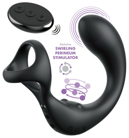 Anal Fantasy Elite Ass-Gasm Taint-Alizer in Schwarz in Hauptansicht mit Prostatavibrator, Perineum-Stimulator, Penis-Hodenring und Fernbedienung