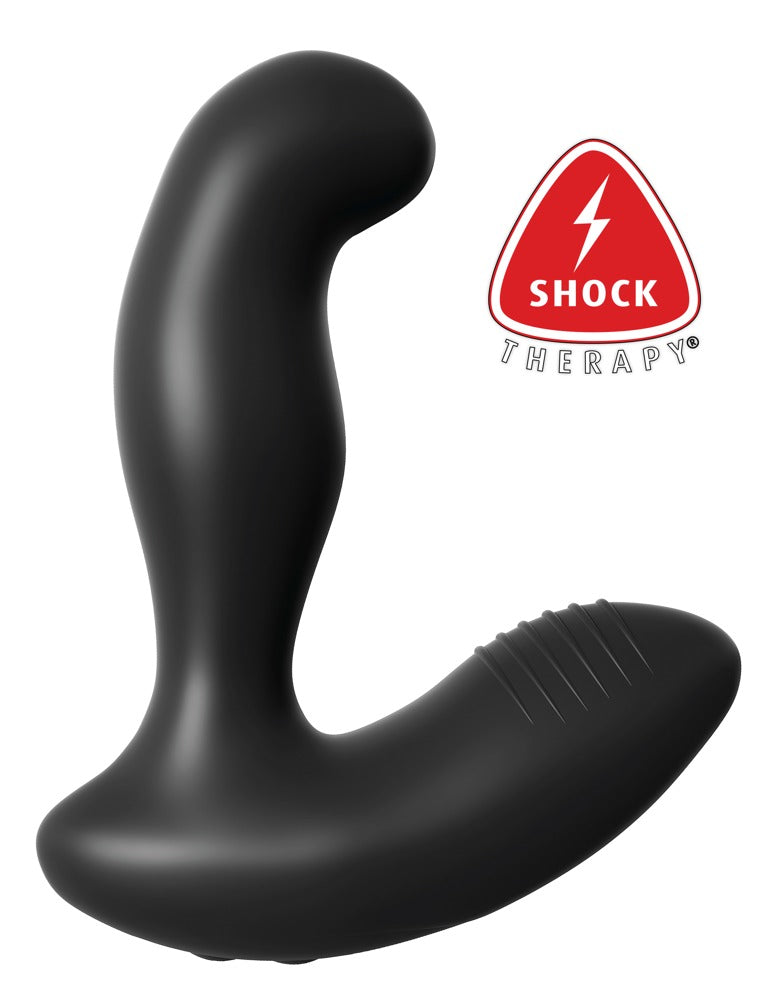 Anal Fantasy Elite Electro Stim Prostatavibrator in Schwarz in Hauptansicht mit gebogenem Schaft, breiter Basis und E-Stim-Kontaktpunkten