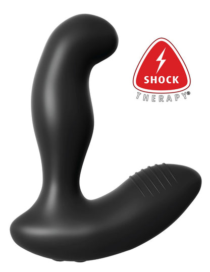 Anal Fantasy Elite Electro Stim Prostatavibrator in Schwarz in Hauptansicht mit gebogenem Schaft, breiter Basis und E-Stim-Kontaktpunkten