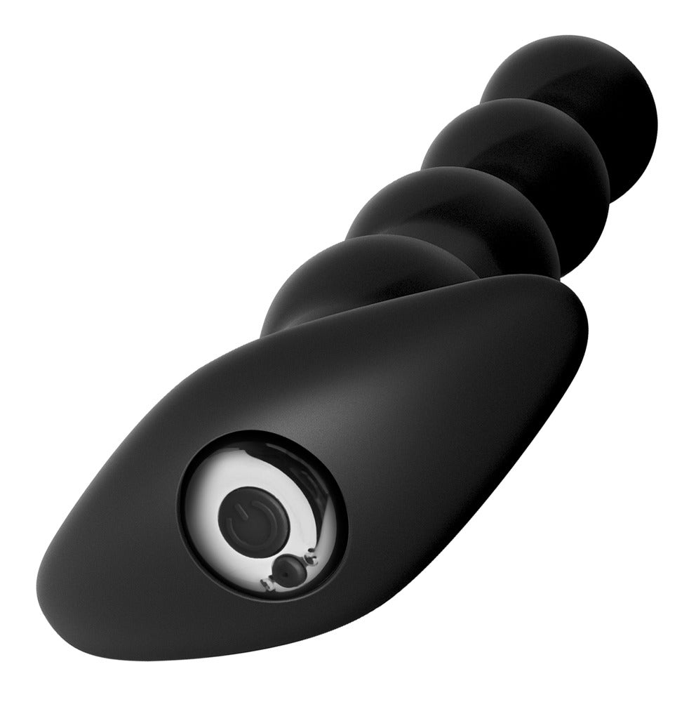 Anal Fantasy Elite Rechargeable Anal Beads in schräger Perspektivansicht mit vier abgestuften Kugeln, breiter Basis und sichtbarem Ladeanschluss