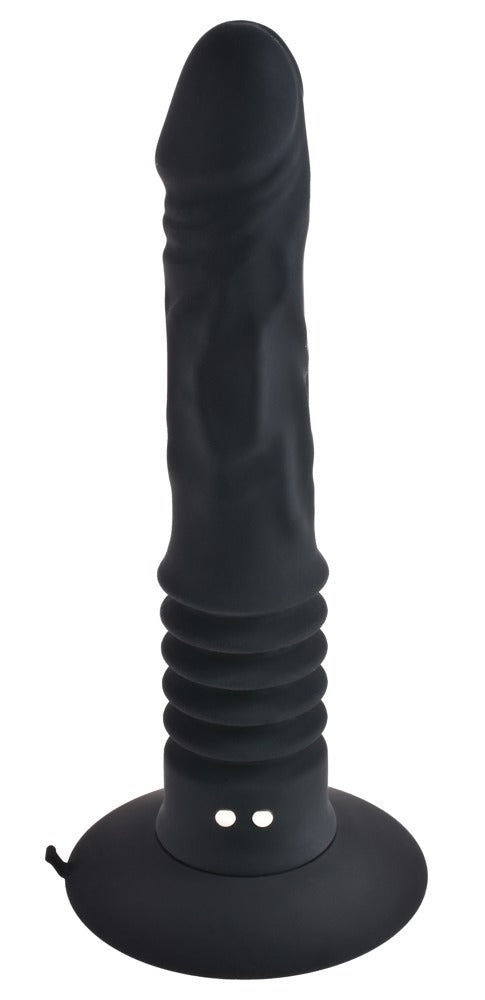 Anal Fantasy Elite Vibrating Ass Fucker in Schwarz in Hauptansicht mit realistisch geformtem Schaft, strukturierter Oberfläche und breitem Saugfuß