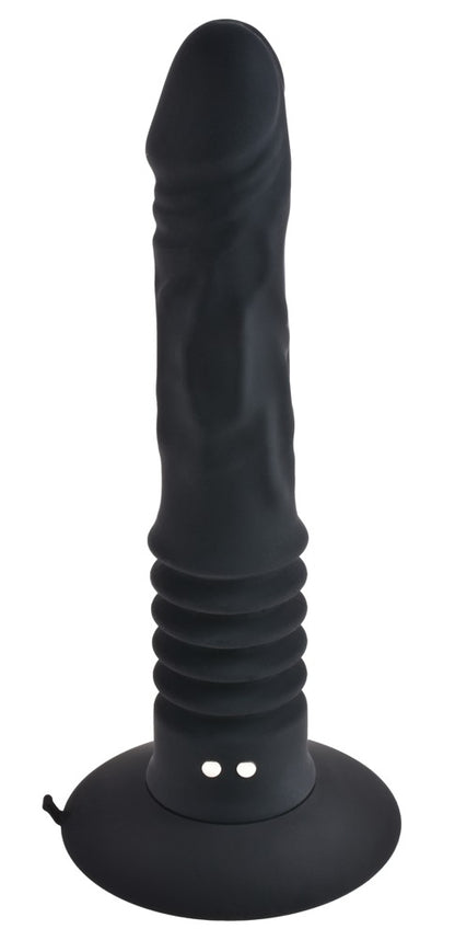 Anal Fantasy Elite Vibrating Ass Fucker in Schwarz in Hauptansicht mit realistisch geformtem Schaft, strukturierter Oberfläche und breitem Saugfuß