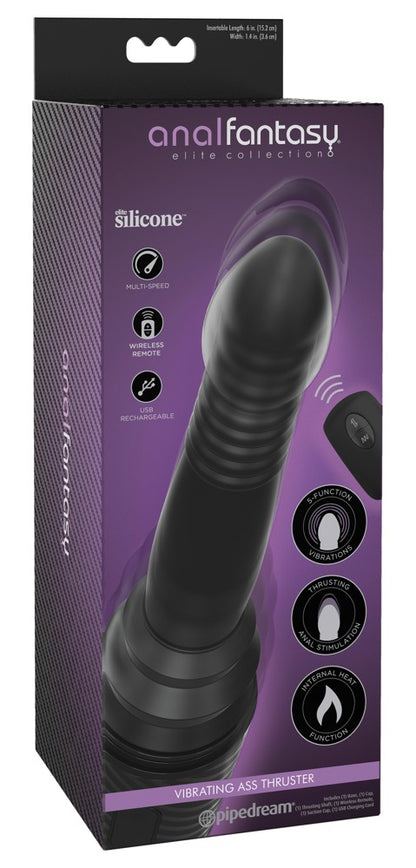 Anal Fantasy Elite Vibrating Ass Thruster in schwarzer Originalverpackung mit Produktabbildung und Funktionshinweisen