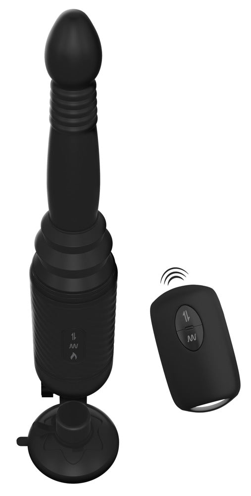 Anal Fantasy Elite Vibrating Ass Thruster in Schwarz in Hauptansicht mit strukturiertem Schaft, Saugfuß und separater Fernbedienung