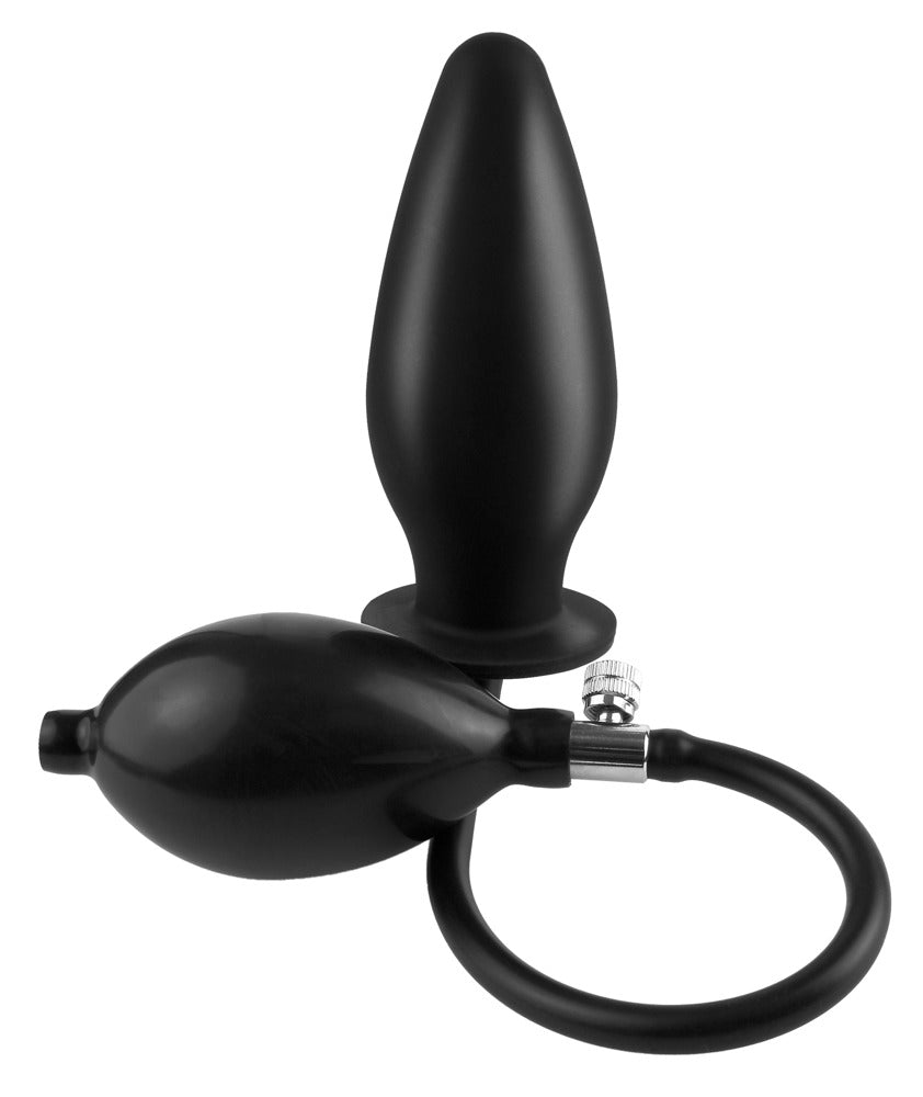 Anal Fantasy Inflatable Silicone Plug in Schwarz in Hauptansicht mit aufblasbarem Analplug, Schlauch, Handpumpe und breiter Sicherheitsbasis