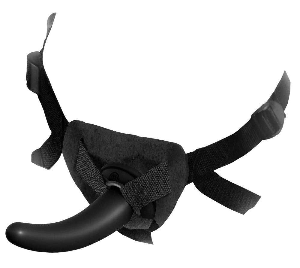 Anal Fantasy The Pegger schwarzer Strap-on-Harness mit eingesetztem Dildo und verstellbaren Gurten in Produktansicht