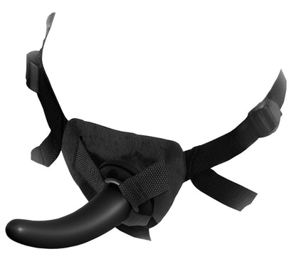 Anal Fantasy The Pegger schwarzer Strap-on-Harness mit eingesetztem Dildo und verstellbaren Gurten in Produktansicht