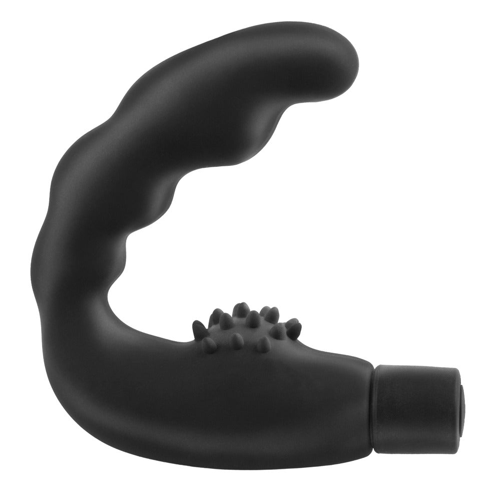 Anal Fantasy Vibrating Reach Around schwarzer Prostatavibrator in Hauptansicht mit gebogenem Schaft, Dammstimulator und Rückholschlaufe