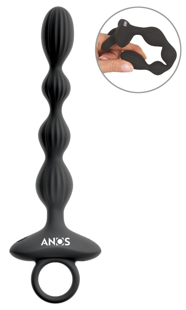 ANOS Anal Beads in Schwarz – große Produktansicht mit mehreren unterschiedlich großen Kugeln, Ringgriff und zusätzlicher Detaildarstellung