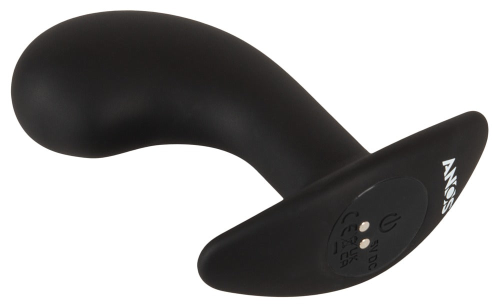 ANOS Big Head Prostate Plug in Schwarz – liegende Produktansicht mit gebogenem Schaft und geschwungener Basis