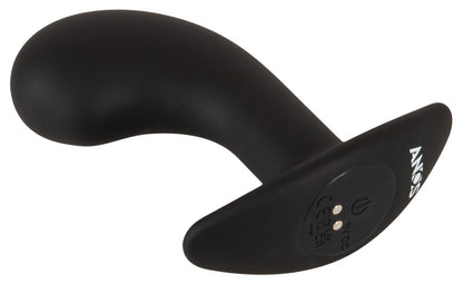 ANOS Big Head Prostate Plug in Schwarz – liegende Produktansicht mit gebogenem Schaft und geschwungener Basis