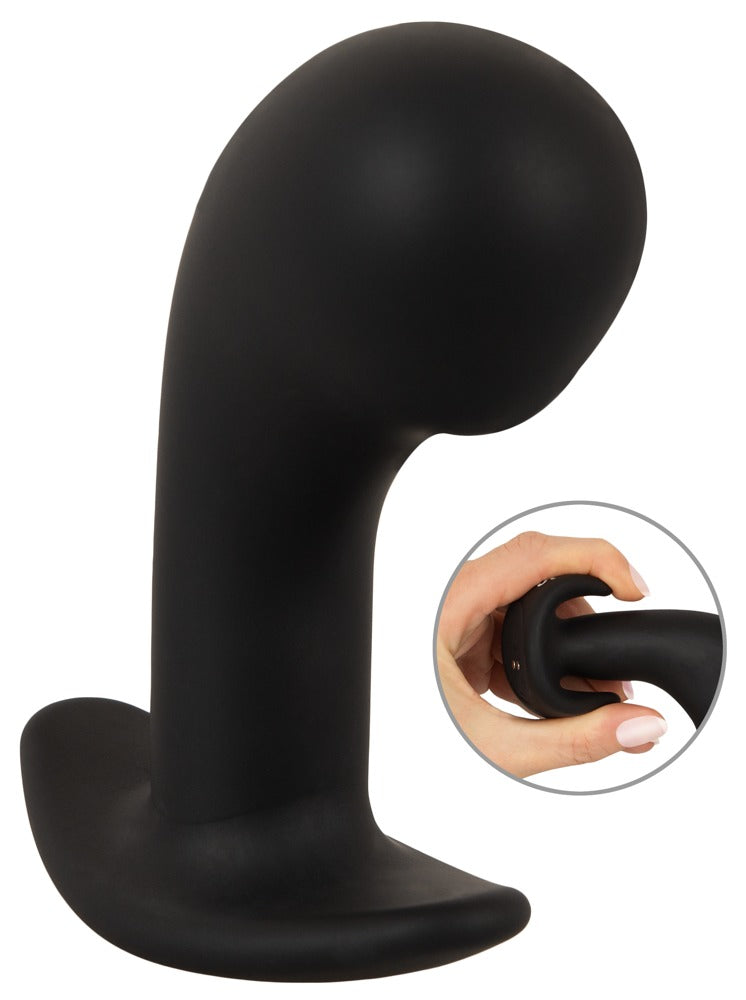 ANOS Big Head Prostate Plug in Schwarz – große Produktansicht mit voluminösem abgerundetem Kopf, gebogenem Schaft und Detailansicht der flexiblen Form