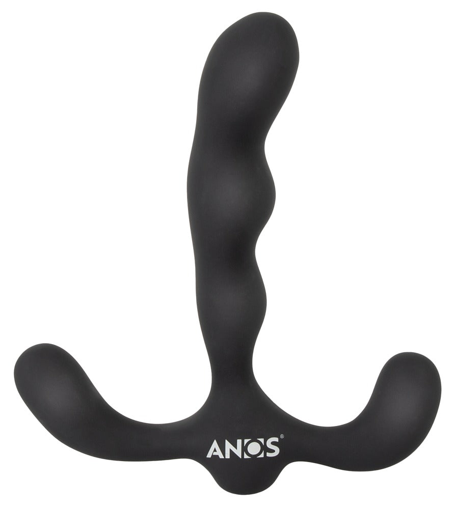 ANOS Flexible Prostate Stimulator in Schwarz – Frontansicht mit strukturiertem Schaft und zwei seitlich geschwungenen Stimulationsarmen