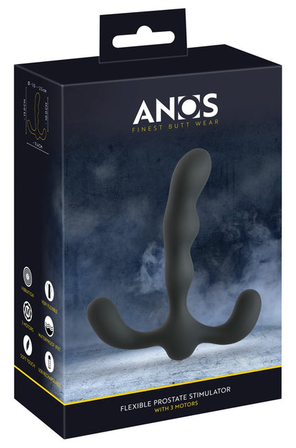 ANOS Flexible Prostate Stimulator in Schwarz – Produktansicht zusammen mit der schwarzen ANOS Verpackung