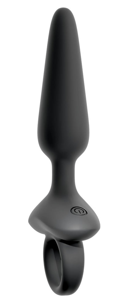 ANOS flexibler Analplug in Schwarz – Frontansicht mit langer konischer Spitze, breiter Basis und rundem Ringgriff