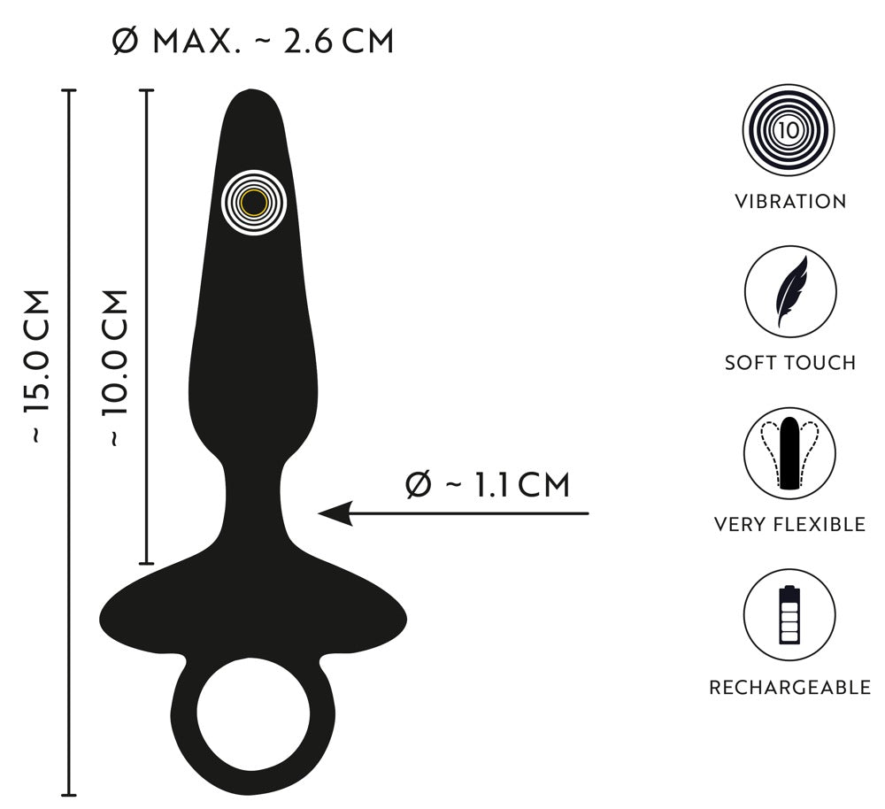ANOS flexibler Analplug mit 10 Vibrationsmodi – Informationsgrafik mit Produktansicht und dargestellten Eigenschaften
