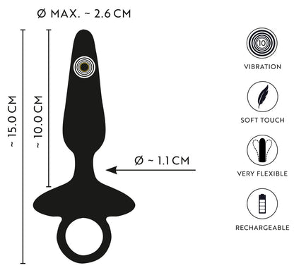 ANOS flexibler Analplug mit 10 Vibrationsmodi – Informationsgrafik mit Produktansicht und dargestellten Eigenschaften